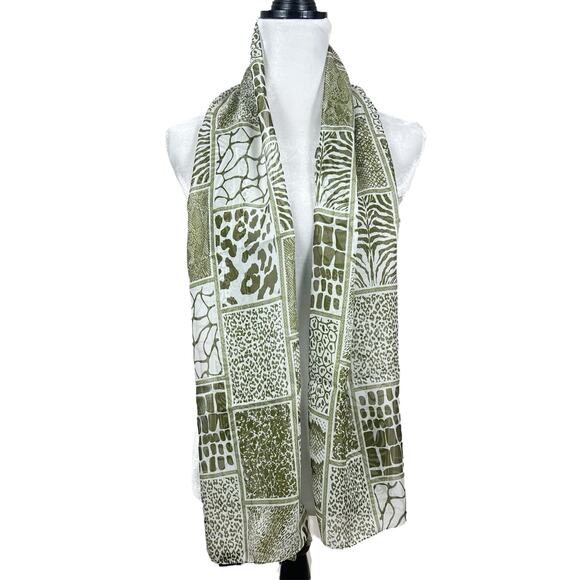 NWOT Dennis Basso Green & White Patchwork Animal Print Lightweight Chiffon Scarf - Picture 1 of 3